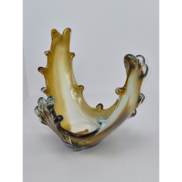 Other - Murano Style Art Glass Centerpiece Bowl Amber White Swirl Hand Blown